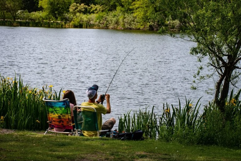 People fishing by the lake in summer