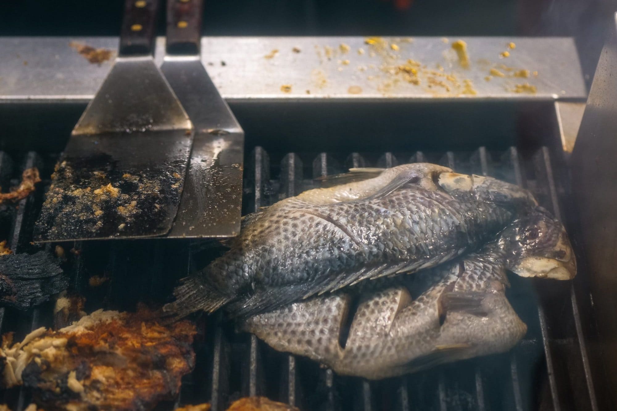 fish being cooked on a grill